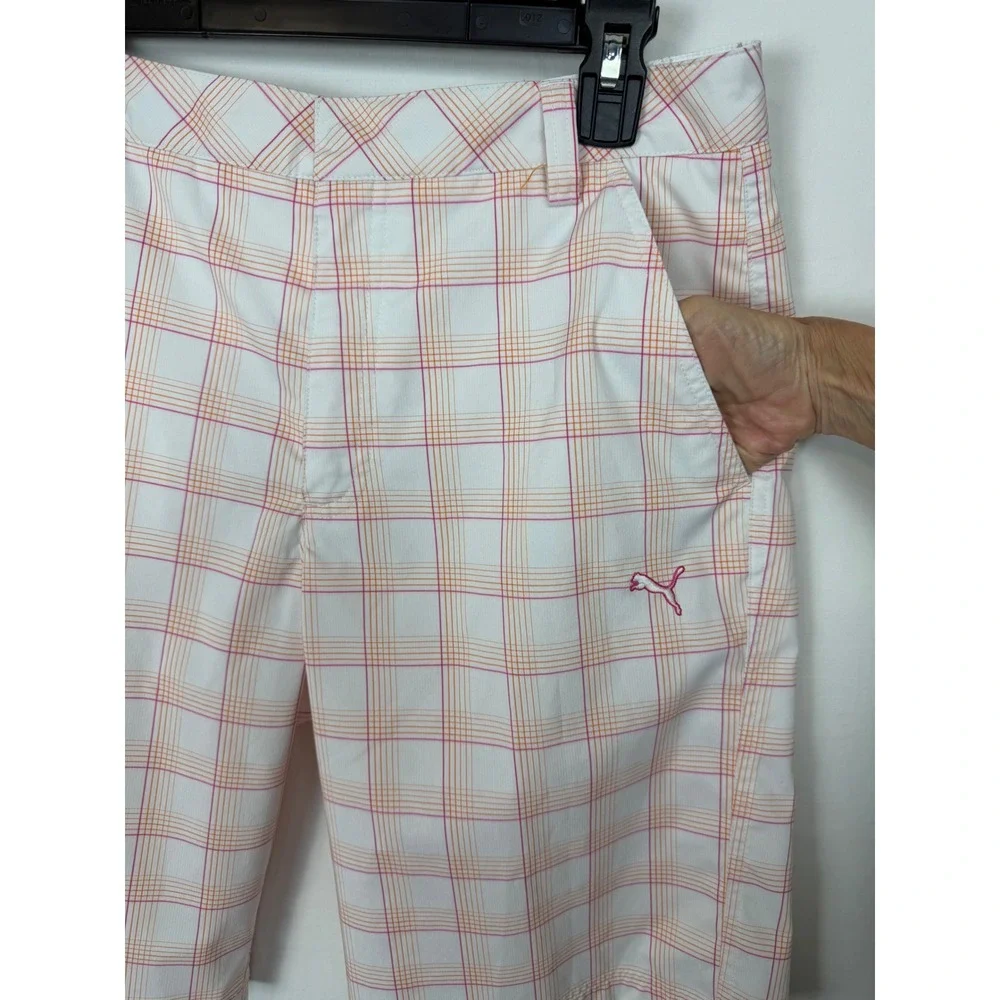 Puma Men's Golf Shorts‎ White Orange Pink Plaid Sport Lifestyle Lightweight 32